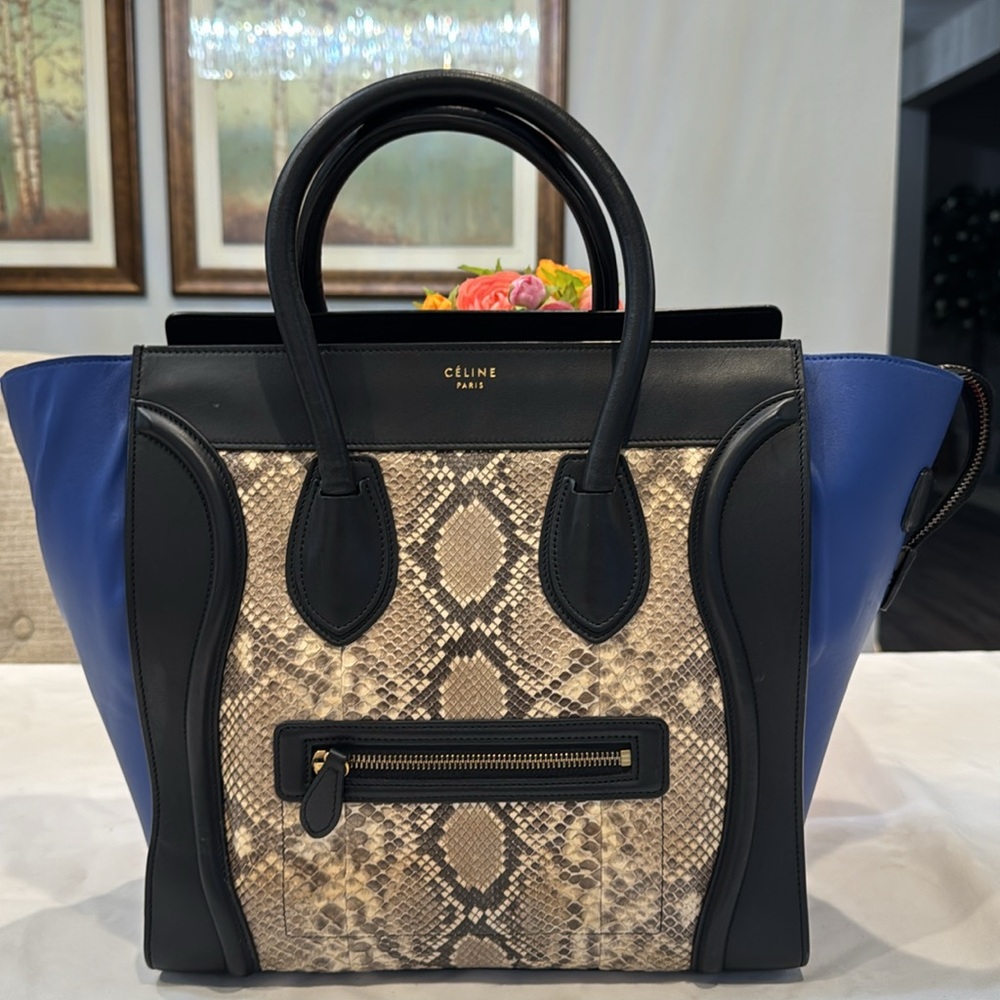 Celine Blue and Black Satchel with Snakeskin Pattern